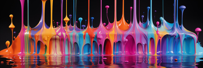 Wall Mural - Colorful acrylic paint dripping with liquid drops, on black background art design