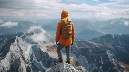 Sticker - A man in an orange jacket stands on a mountain top with a backpack. Concept of adventure and exploration, as the man is ready to embark on a journey or hike through the mountains