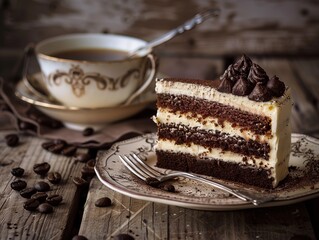 Delicious homemade cake and coffee on wooden table in cozy cafe setting