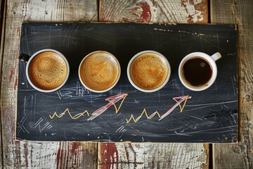 A chalkboard with four cups of coffee and a line drawn through them. The line represents a graph, and the cups of coffee are arranged in a row. Concept of progress or growth