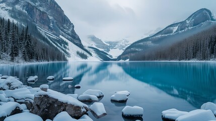 Poster - Serene Mountain Lake Panorama with Snowy Peaks, Tranquil Winter Landscape Captured in Soft Dawn Light. Perfect for Wall Art and Nature Themes. AI