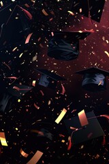Wall Mural - A graduation cap is flying through the air with confetti falling around it. Concept of celebration and accomplishment, as the cap represents the end of a chapter in a student's life