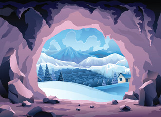 Cave landscape. Winter nature scene of cave entrance. Prehistoric dungeon, rock cavern game illustration. Vector illustration of tunnel in mountain or mine in rocks