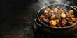 Homemade hearty beef stew cooking in a rustic pot on a wooden table with steam rising from it