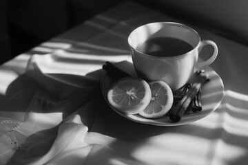 Wall Mural - A cup of tea with a plate of sliced lemons and cinnamon sticks on a table. The image has a warm and inviting mood, suggesting a cozy and relaxing atmosphere