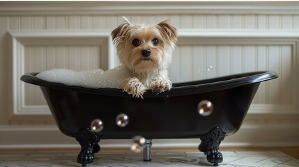 Wall Mural - happy, beautiful, playful adorable westie with bubbles on his face in black oversized Cambridge cast iron double-ended clawfoot tub