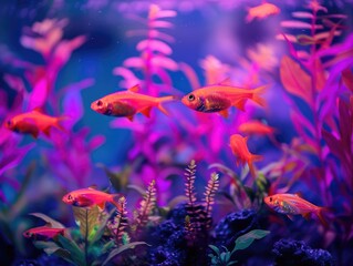 Wall Mural - A group of fish swimming in a tank with purple and pink plants. The fish are orange and there are at least six of them