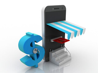 Poster - 3d illustration phone and credit card near dollar sign