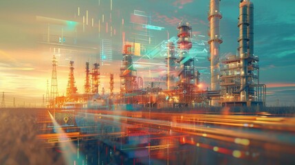 Future factory plant and energy industry concept in creative graphic design. Oil, gas and petrochemical refinery factory with double exposure arts showing next generation of power and energy business