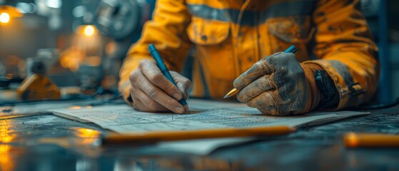 Poster - A construction worker sketches blueprints wearing a helmet