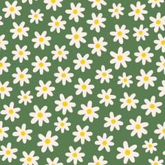 Poster - Seamless pattern with white groovy daisy flowers on green background. Vector illustration.