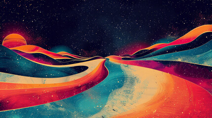 Canvas Print - A river of colors flows in a vibrant, psychedelic pattern under a starry sky.