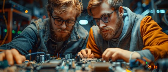 Fototapete - They work on electronics components and fix broken chips