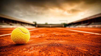 Poster - Design a realistic digital artwork showcasing a close-up view of a tennis ball covered in red clay dust