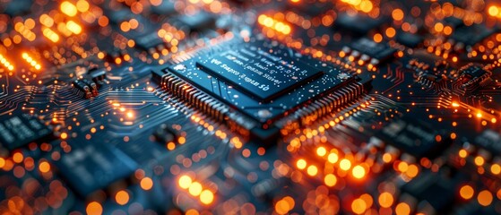 Poster - Orange and blue technology image circuit board and html code. For describing technological processes, science, and education.