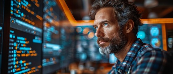 Poster - Occupational profile side view of a friendly bearded man in a checked shirt, with a computer screen at the wooden interior workstation of an expert html programmer.