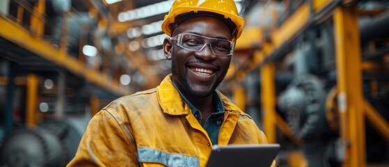 Poster - Smiling African American Industrial Specialist wearing a safety uniform and hard hat walks in a metal construction factory using a tablet computer.