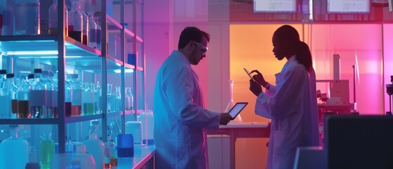 Poster - Two scientists are working in an advanced scientific pharmaceutical lab for medicine, biotechnology development, using a digital tablet. It is evening time.