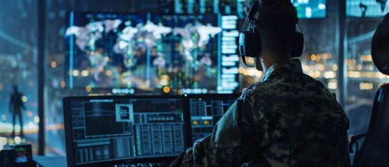 Fototapete - Assisting with the cyber monitoring and control of national security, technology, and army communications for a city tracking operation.