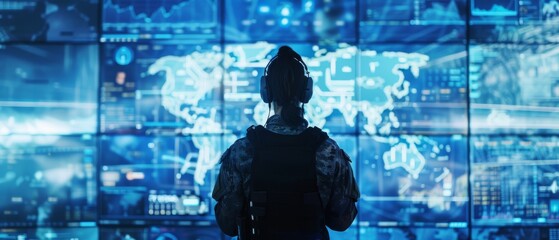 Fototapete - Military Surveillance Officer on a City Tracking Operation within a Central Office Hub for National Security, Technology and Army Communications.