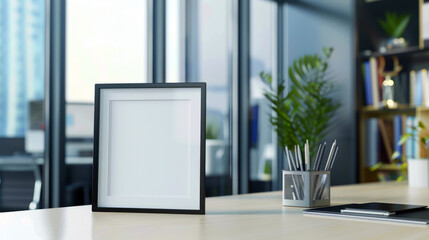 Sophisticated office desk with photo frame mockup, modern workplace with city view and greenery
