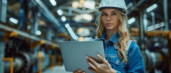 Aufkleber - Several male and female industrial engineers holding laptops in a heavy industry manufacturing factory discuss a new project. They demonstrate with gestures.
