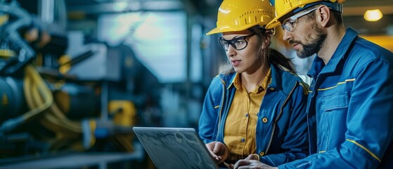 Canvas Print - Using laptops, male and female industrial engineers talk with a factory worker.