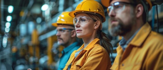 Aufkleber - A group of industrial engineers work in the heavy industry manufacturing facility while using laptops and chatting with a factory worker.