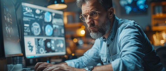 Poster - CAD Programmer/Engineer on a PC with two monitors, designing a new component in CAD program. Factory on the other side of the window is seen making components.