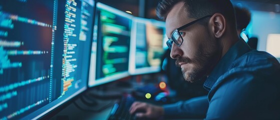 Poster - A Computer Systems Administrator and Machine Learning Engineer works at his desk planning and implementing the expansion of an enterprise's network structure.