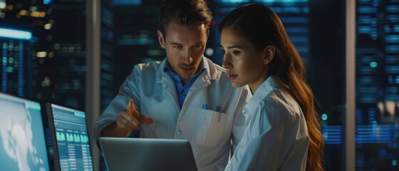 Aufkleber - A female chief engineer talks with an electronics specialist and agrees on things. She uses a laptop computer to explain things. An evening office with stylish colleagues.
