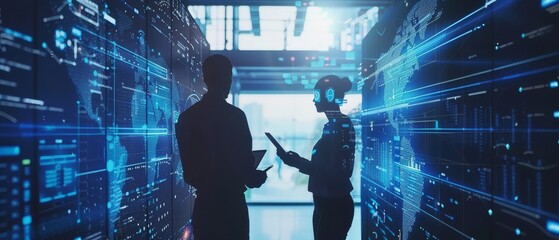 Aufkleber - A tablet computer and a visualization of big data statistics are used by two industrial engineers at the high-tech electronics facility to optimize production, demonstrating the benefits of factory