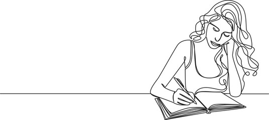 Wall Mural - continuous single line drawing of woman taking notes in journal or diary, line art vector illustration
