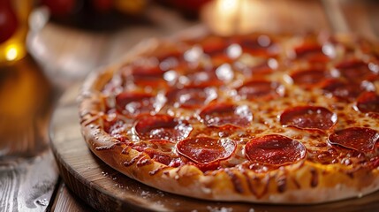 Wall Mural - Close-up of a freshly baked pepperoni pizza with mozzarella cheese on a rustic wooden table, perfect for food-related content and menus