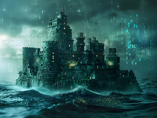 Fototapete - Digital Fortress Illuminated: Abstract Futuristic Background in Blue and Gold