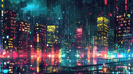 Wall Mural - Cyberpunk concept and colorful neon lights define the futuristic cityscape background.
