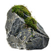 Dark rock with moss and lichen texture, isolated on a transparent background in PNG