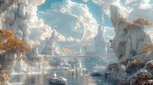 Enchanted 3D Of A Dreamlike Utopian Landscape With Floating Castles,Bridges,and Autumn Foliage