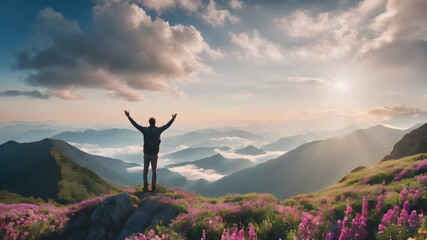  A man standing on top of a mountain celebrating with arms open. Success and goal achievement conceptAI generated image, ai