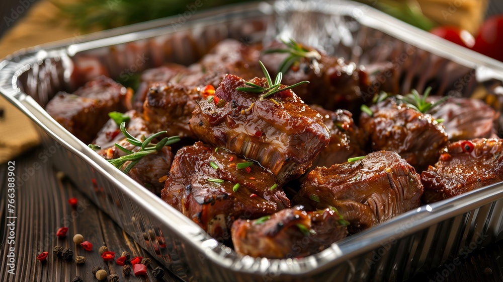 Party Rib Tray Gourmet glazed barbecued ribs in a foil tray with fresh herbs, perfect ...