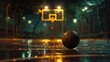 Poster concept image for basketball featuring a single basketball lying on the ground, with a basketball hoop in the background


