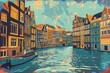 Amsterdam vintage travel poster in linocut, vector art style. Colorful, textured, patterned, fine art print.