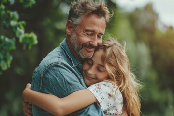 middle-aged father hugging his teenage daughter . Father’s day