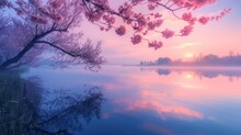 Beautiful Blooming Cherry Blossom Flowers At Dawn In The Spring Morning