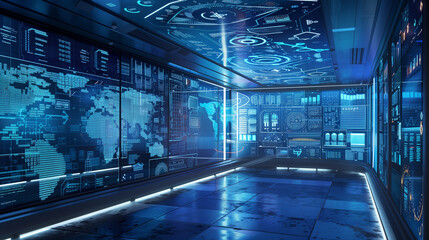 Poster - modern data monitoring technology room. futuristic data science room interior 