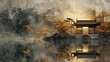 Chinese aesthetic painting with rough texture captures the essence of architectural art, gardens, and traditional culture.