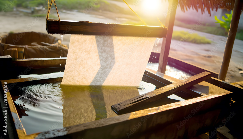Creating handmade paper, with a frame submerged in a vat of pulp made ...