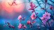 Tranquil blue hour landscape photography taken on a calm spring morning, cherry blossom blooming, colorful, soothing