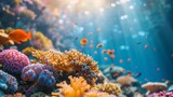 Fototapeta Do akwarium - Vibrant underwater coral reef scene with colorful corals and a school of orange fish, bathed in rays of light, ideal for marine life or environmental conservation concepts