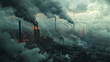 Dystopian industrial landscape with heavy air pollution from multiple smokestacks under a dark, ominous sky, highlighting environmental concerns